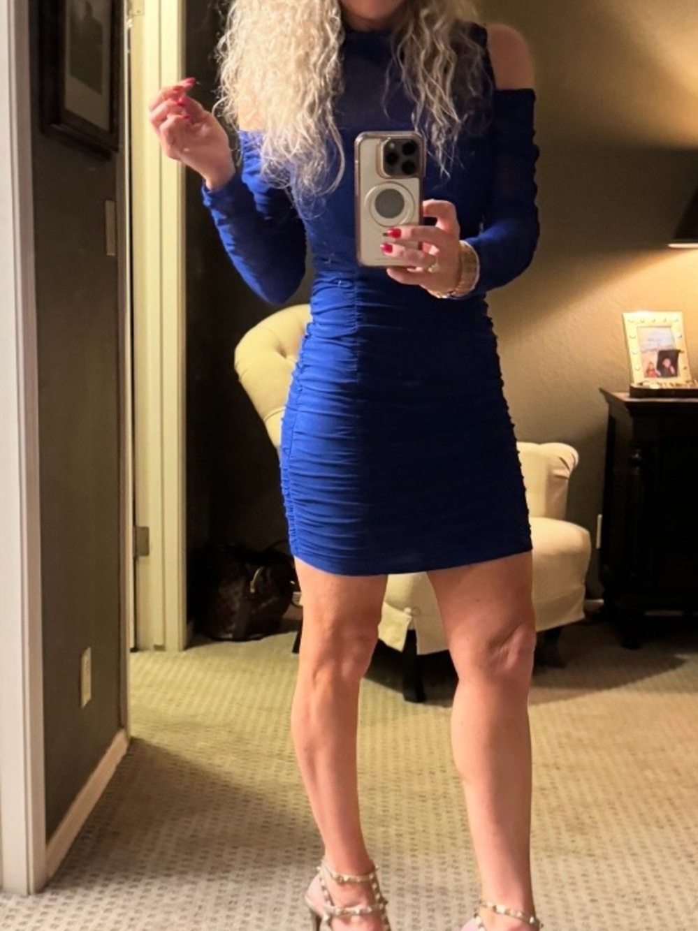 Royal Blue Ruched Cold Shoulder Cocktail Dress | Size Small